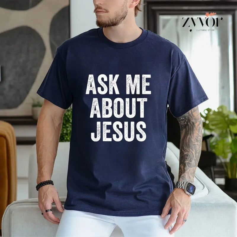 Ask Me About Jesus Christian Tee Pure Cotton Casual Style Crew Neck Short Sleeve T-Shirt Tops Trendy for Unisex, Perfect...