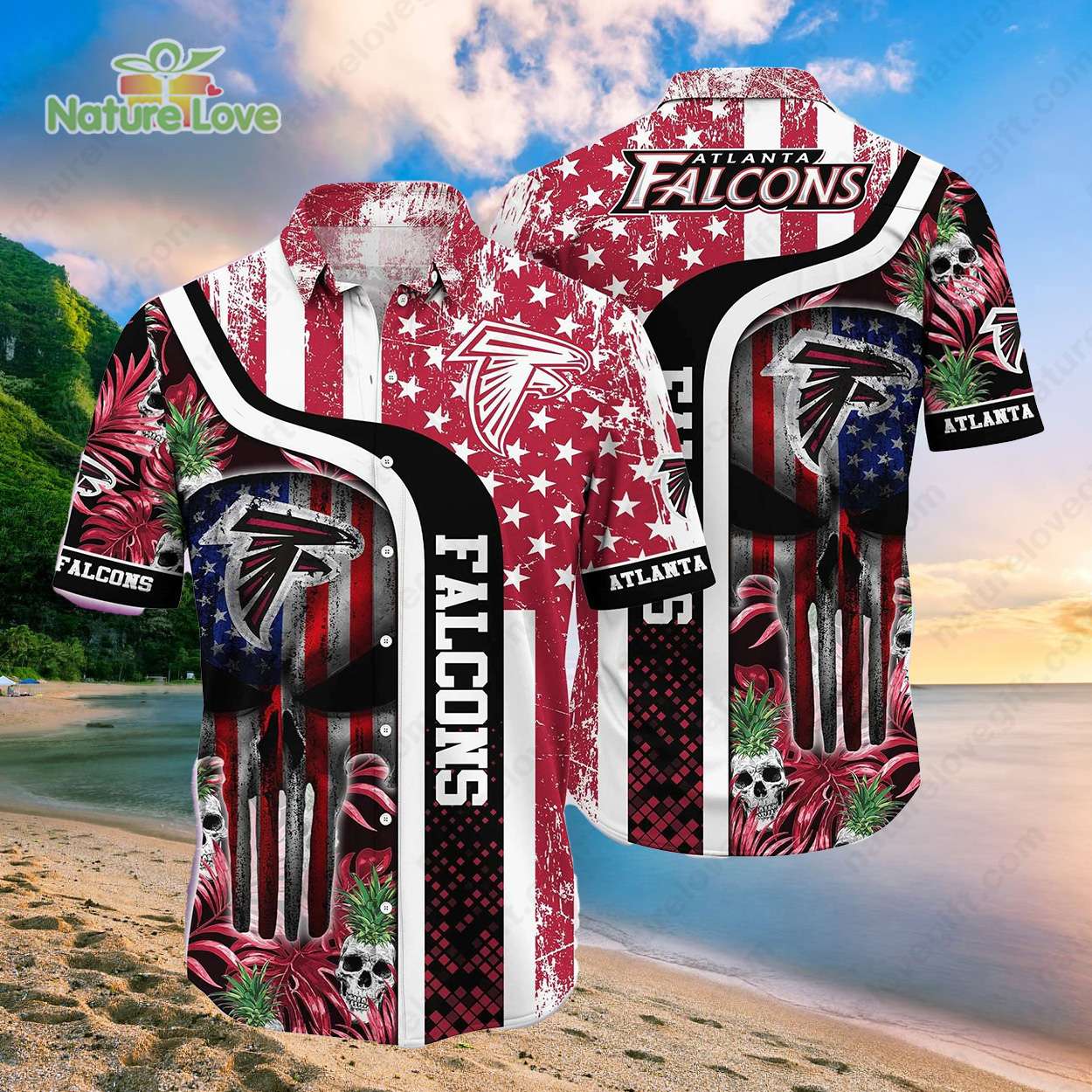 Atlanta Falcons American Flag Skulls Vintage Hawaiian Shirt