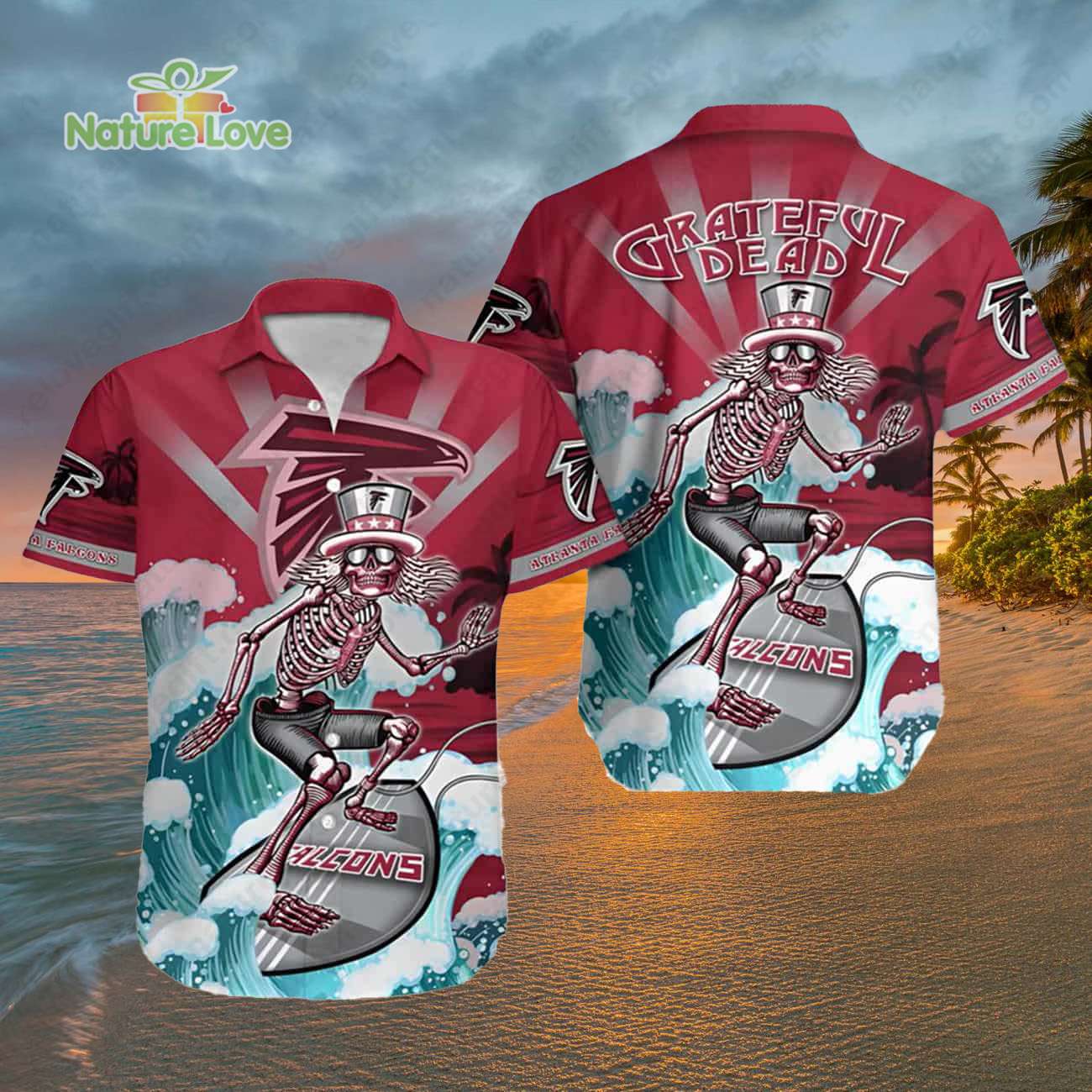 Atlanta Falcons Skeleton Grateful Dead Surfing Falcons Hawaiian Shirt