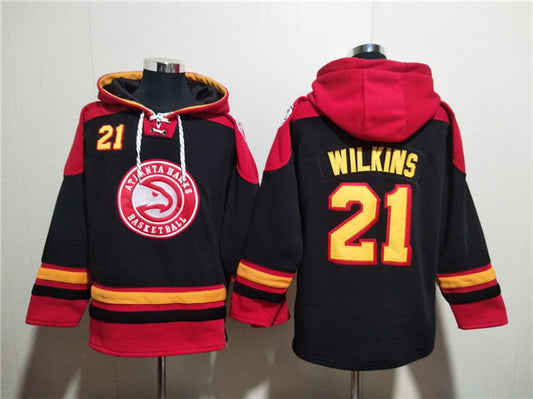 Atlanta Hawks #21 Dominique Wilkins Black Red Lace-Up Pullover Hoodie