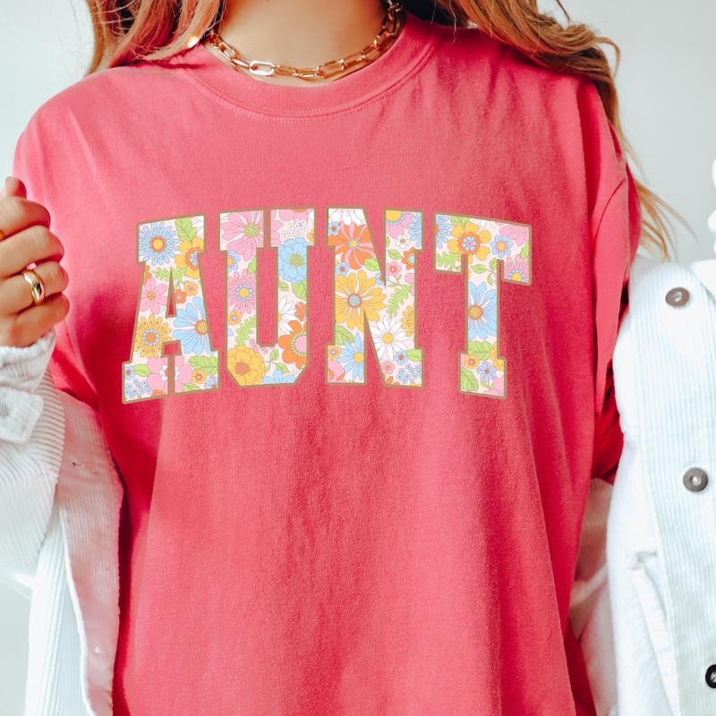 Aunt Floral t-shirt, Retro t-shirt, Comfort Colors, Cotton, Crewneck Fashion Fit Sleeve Comfortable Cute Casual Fabric...