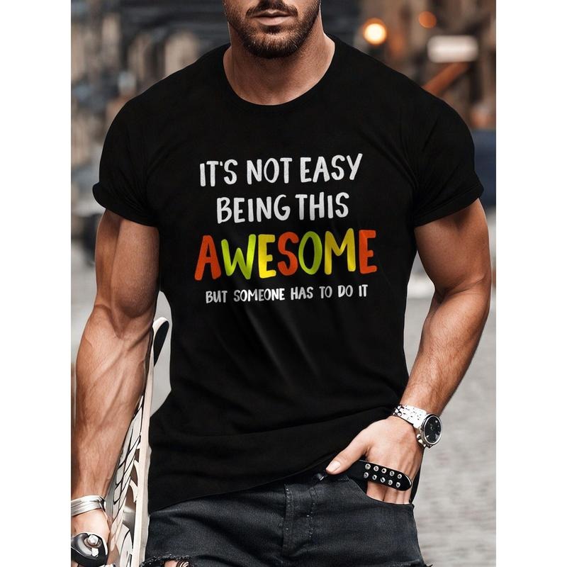 Awesome" Graphic Tee for Men - Casual Cotton T-Shirt with Unique Letter Print, Perfect for Daily Wear & Outdoor Activities, Machine Washable, Crew Neck, Short Sleeve, Summer Essential, Great Gift Idea for Halloween, Christmas, Valentine's Day Made in USA