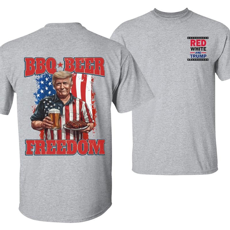 BBQ Beer Freedom T-Shirt, Patriotic Independence Day Tee, American Flag & Barbecue Graphic Shirt, Fun Summer Cookout Apparel, Unisex Cotton Shirt for Men and Women