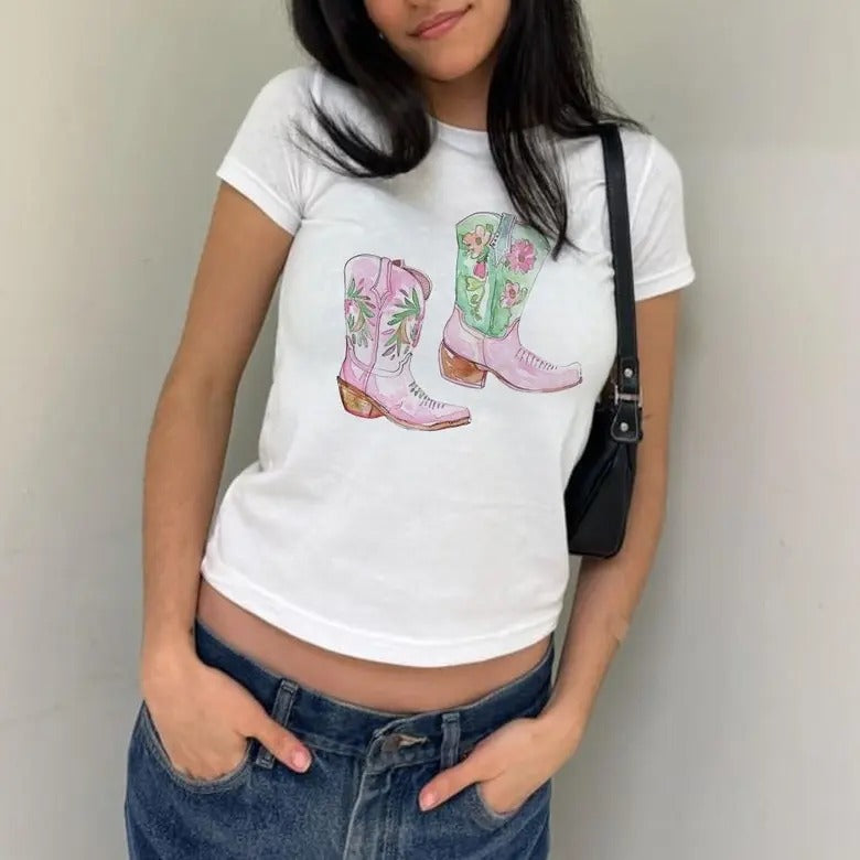 Baby Tee Cowboy Western Cowgirl Boots Baby Tee Yee Haw T-Shirt Y2k Aesthetic Baby Tee Vintage Graphic Baby Tee Trendy Graphic Baby Tee y2k
