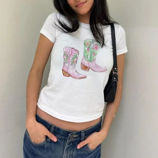 Baby Tee Cowboy Western Cowgirl Boots Baby Tee Yee Haw T-Shirt Y2k Aesthetic Baby Tee Vintage Graphic Baby Tee Trendy Graphic Baby Tee y2k