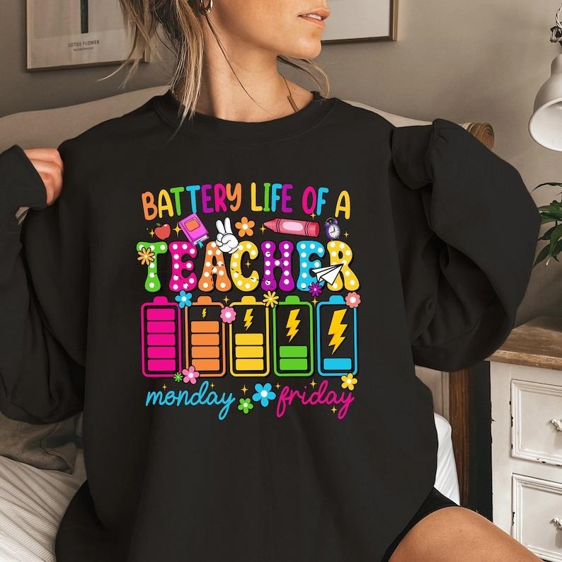 Back To School Tour Funny Teacher Shirt Retro Back to School Tshirt, Kindergarten, First Day Of School, Battery life of a Teacher Shirt,Funny Teacher Life T-Shirt,Gift For Teacher
