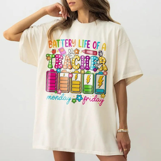 Back To School Tour Gifts For Teacher Retro Back to School Tshirt, Kindergarten, First Day Of School, Battery life of a Teacher Shirt,Funny Teacher Life T-Shirt,Gift For Teacher