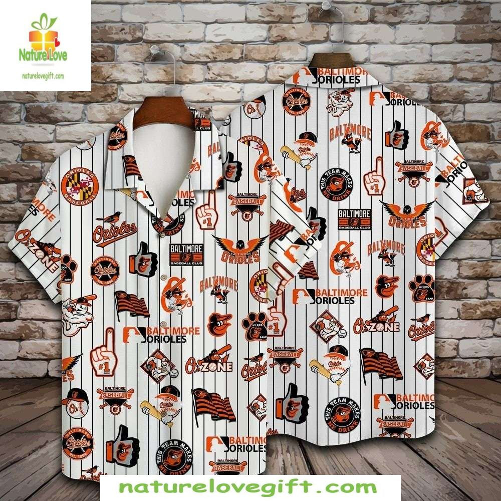 MLB Baltimore Orioles Hawaiian Shirt Baseball Icons Pinstripes Style Y34S0QDO