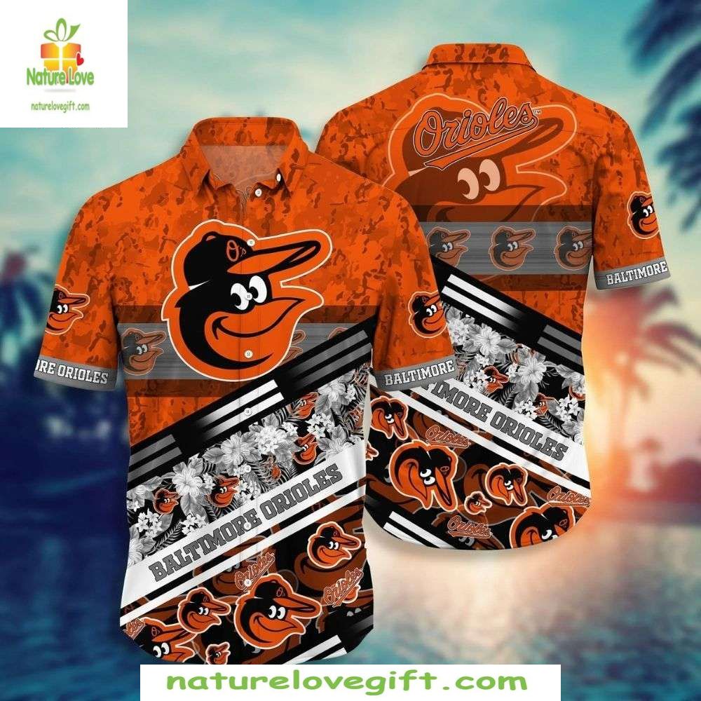 Baltimore Orioles Hawaiian Shirt Floral Stripe MLB Baseball Aloha Shirt