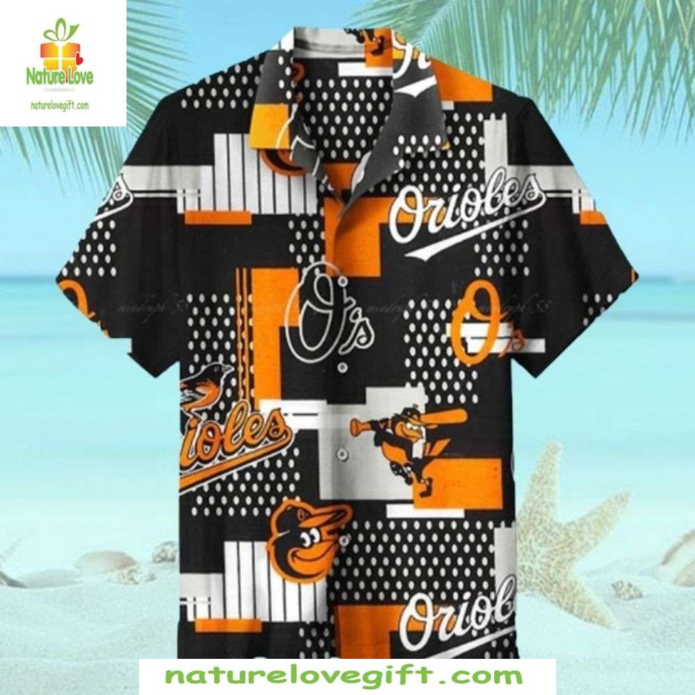Baltimore Orioles Hawaiian Shirt Black Orange Geometric MLB Baseball Aloha Shirt