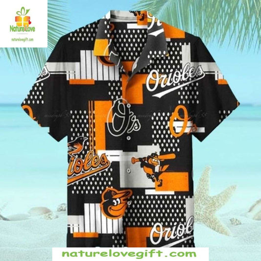 Baltimore Orioles Hawaiian Shirt Black Orange Geometric MLB Baseball Aloha Shirt