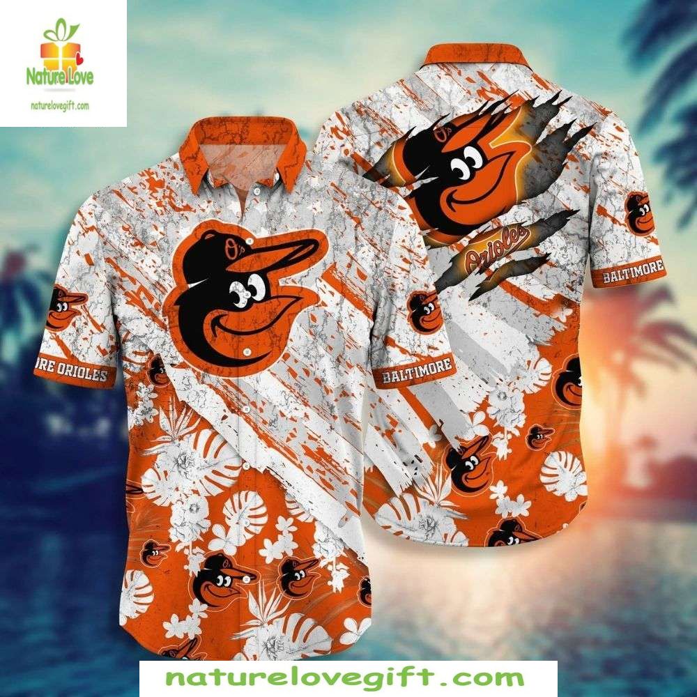 Baltimore Orioles Hawaiian Shirt Grunge Splash Tropical Flora MLB Baseball Apparel