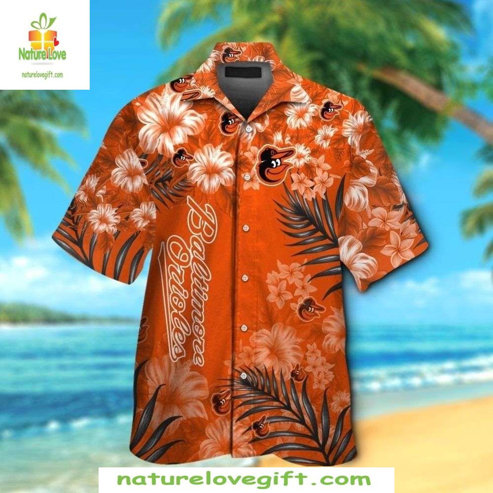 MLB Baltimore Orioles Hawaiian Shirt Hibiscus Palm Tropical Baseball Apparel