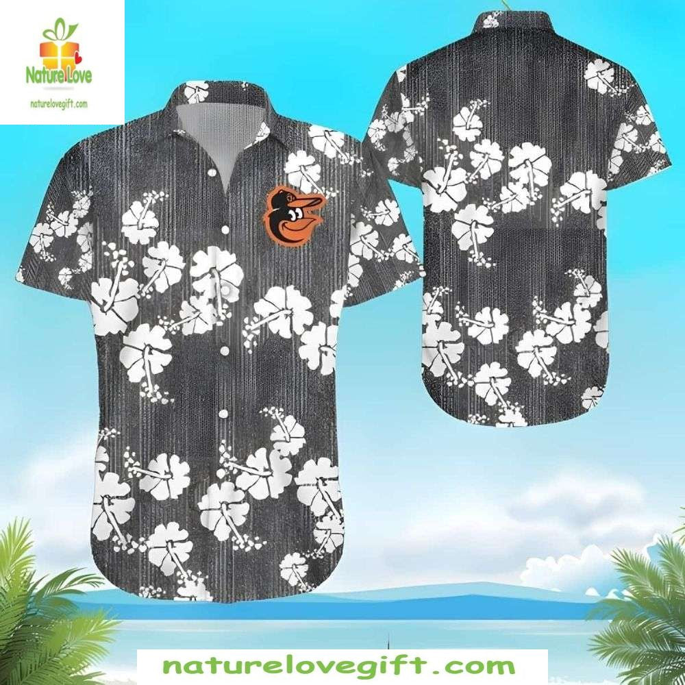Baltimore Orioles Hawaiian Shirt Monochrome Hibiscus Floral MLB Baseball Apparel