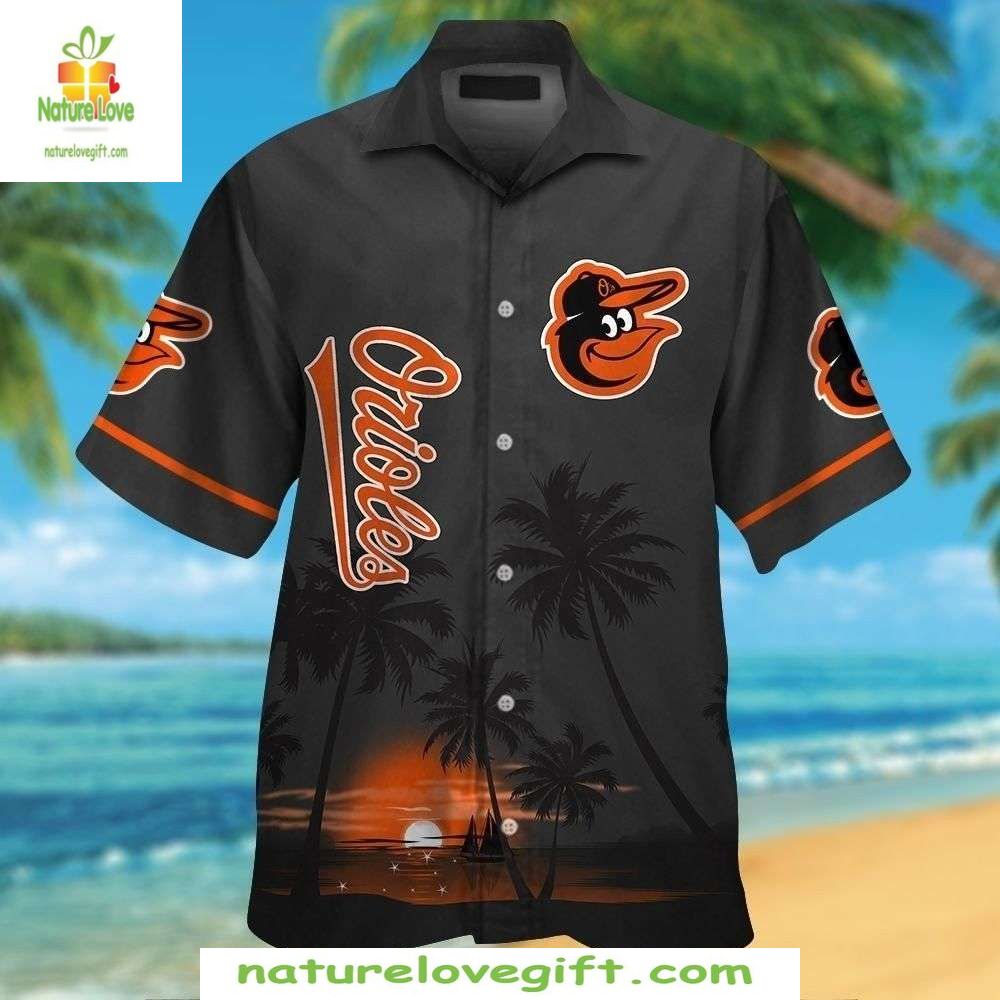 Baltimore Orioles Hawaiian Shirt MLB Baseball Aloha Shirt Palm Sunset Black