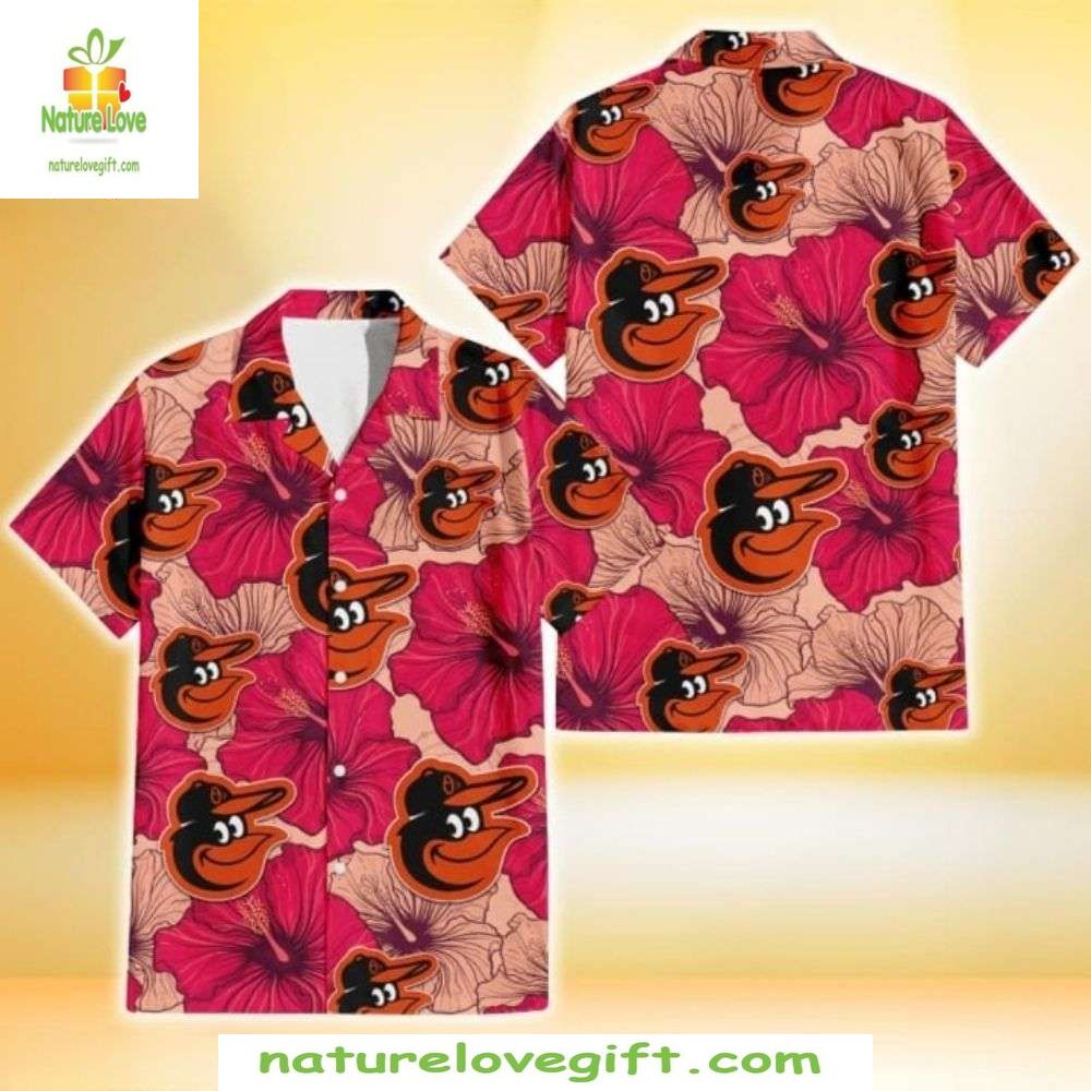 Baltimore Orioles Hawaiian Shirt Pink Hibiscus Floral MLB Baseball Apparel