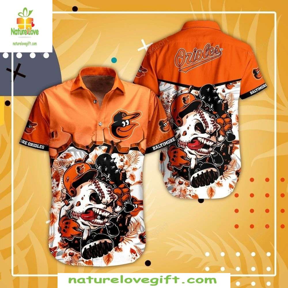 Baltimore Orioles Hawaiian Shirt Skull Floral MLB Baseball Apparel