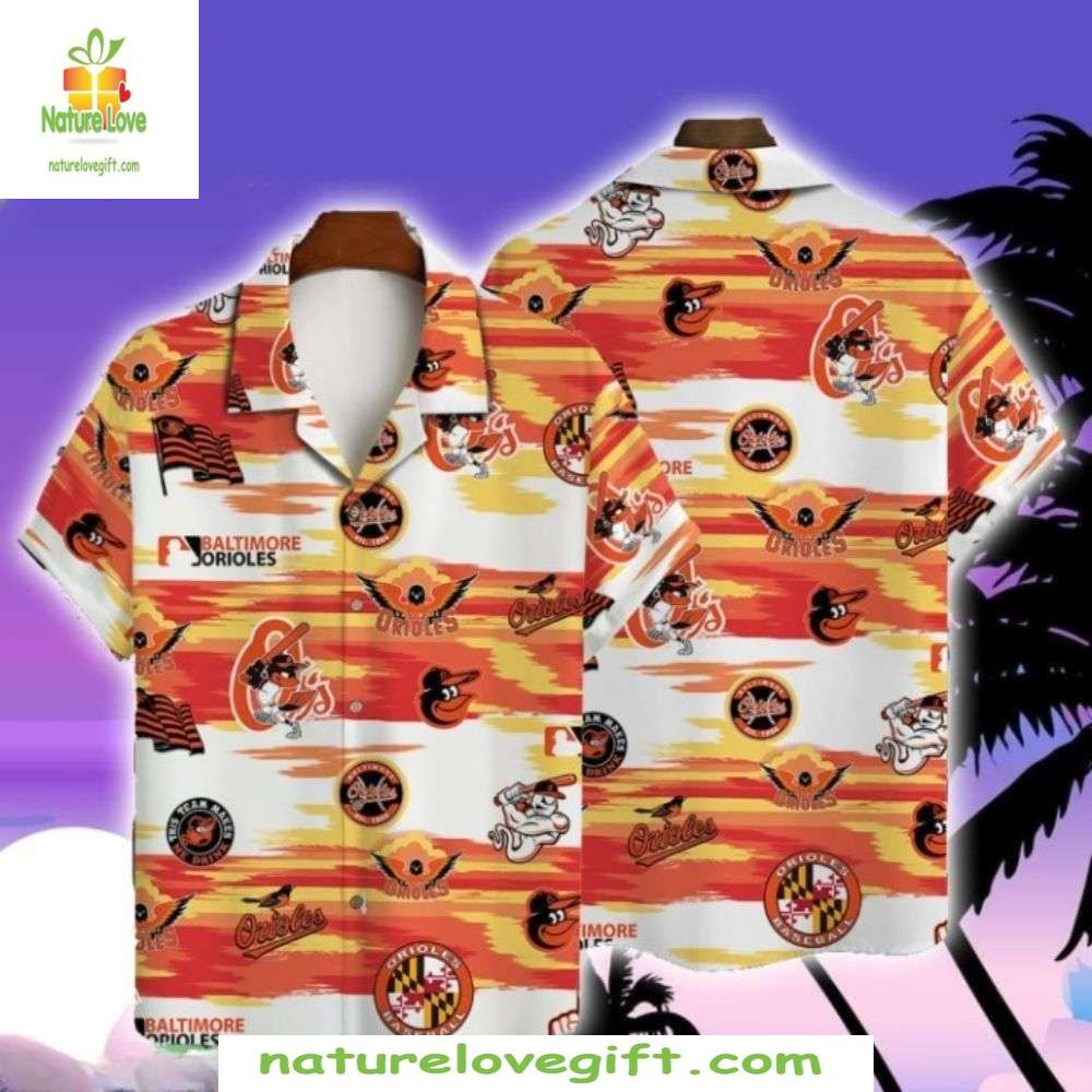 Baltimore Orioles Hawaiian Shirt MLB Baseball Tropical Sunrise Stripe