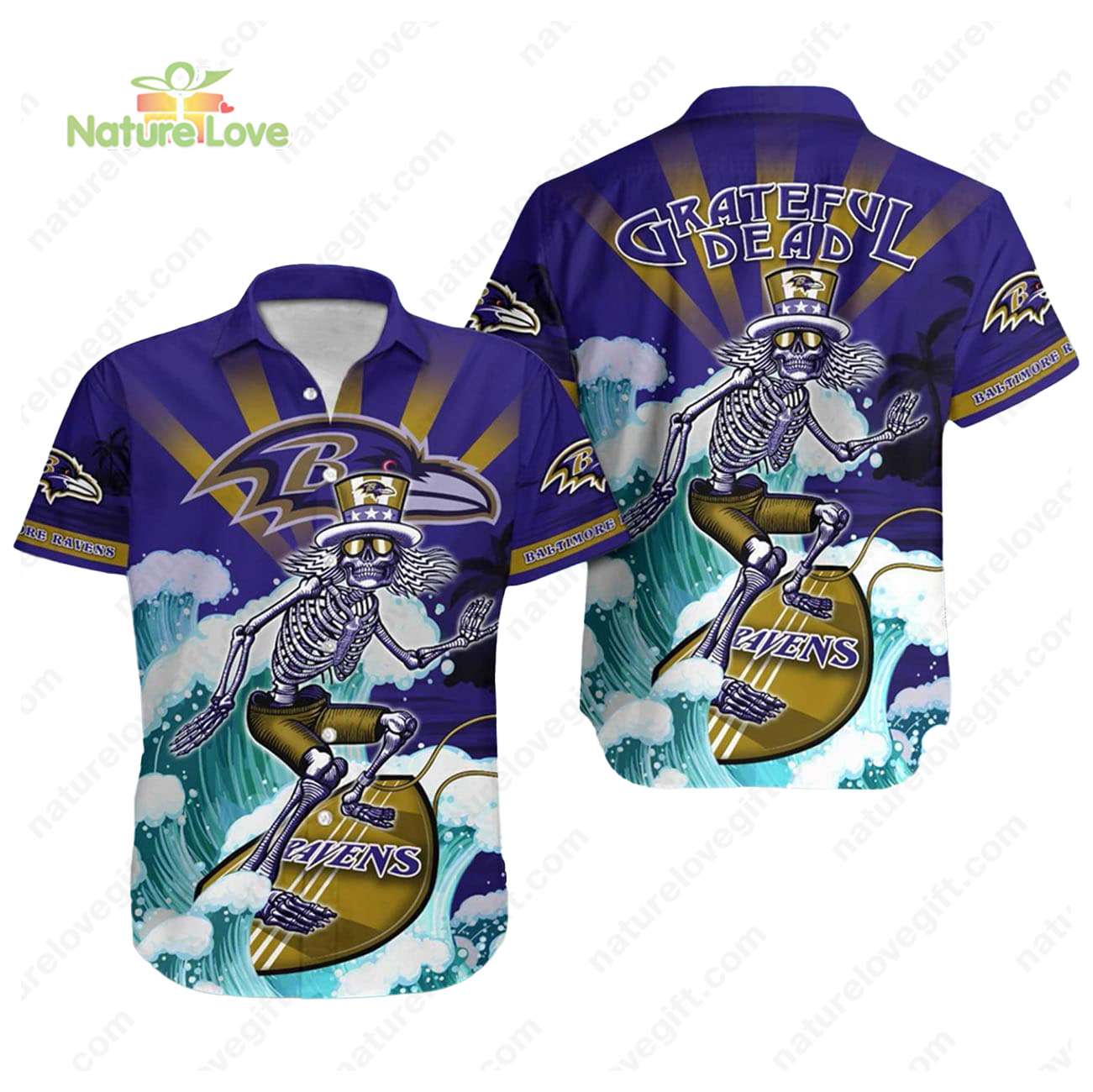 Baltimore Ravens Skeleton Grateful Dead Surfing Ravens Hawaiian Shirt