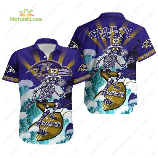 Baltimore Ravens Skeleton Grateful Dead Surfing Ravens Hawaiian Shirt