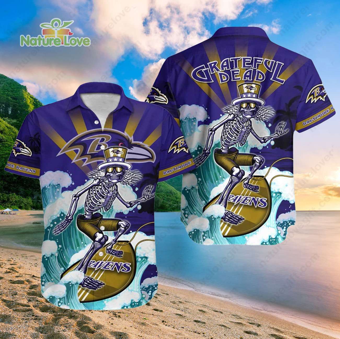 Baltimore Ravens Skeleton Grateful Dead Surfing Ravens Hawaiian Shirt