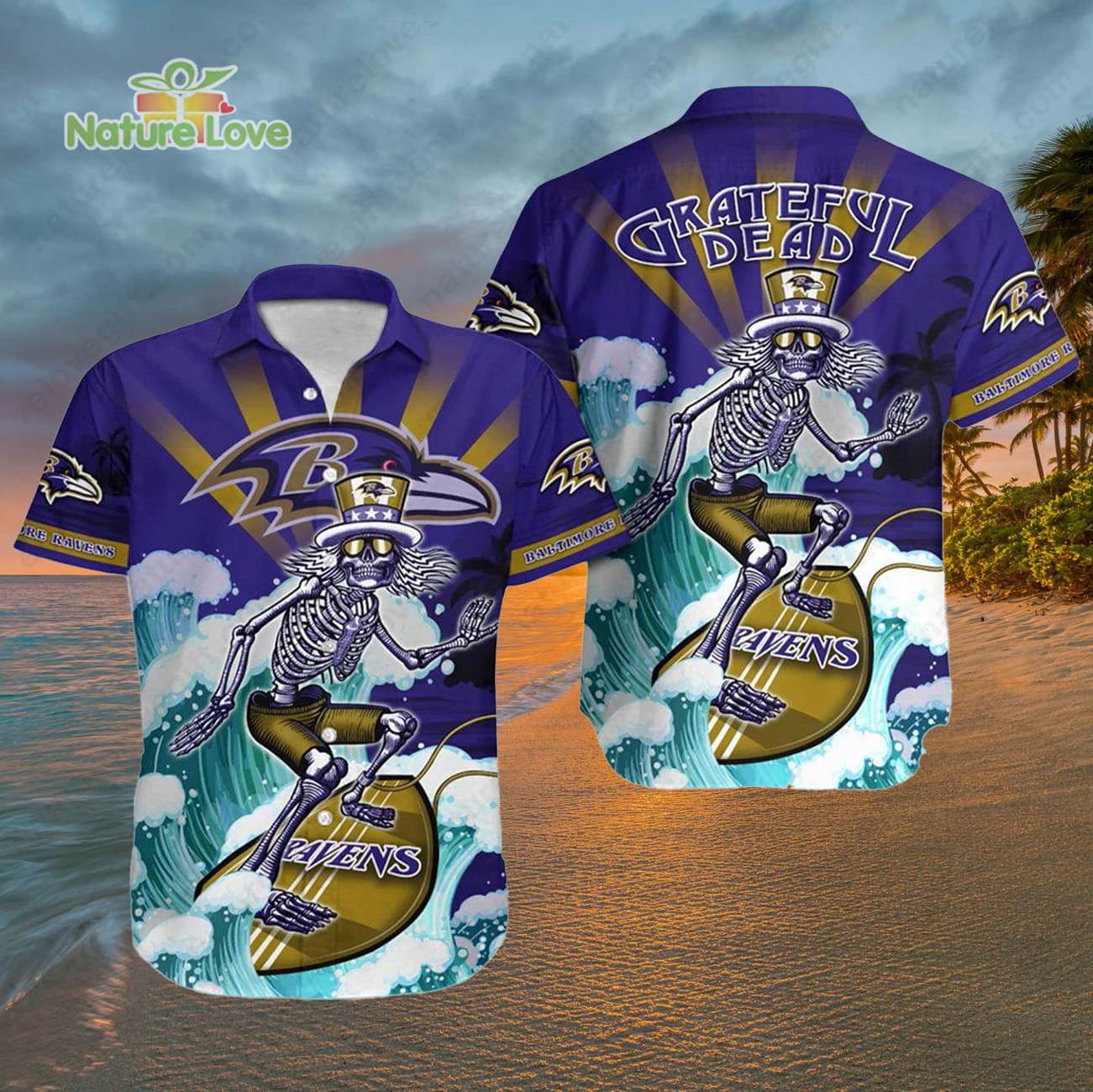 Baltimore Ravens Skeleton Grateful Dead Surfing Ravens Hawaiian Shirt