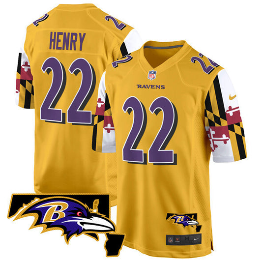 Baltimore Ravens #22 Derrick Henry Gold 2025 Maryland Flag Vapor Limited