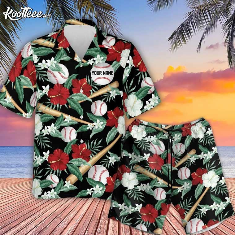 Baseball Floral Aloha Custom Name Hawaiian Shirt And Shorts