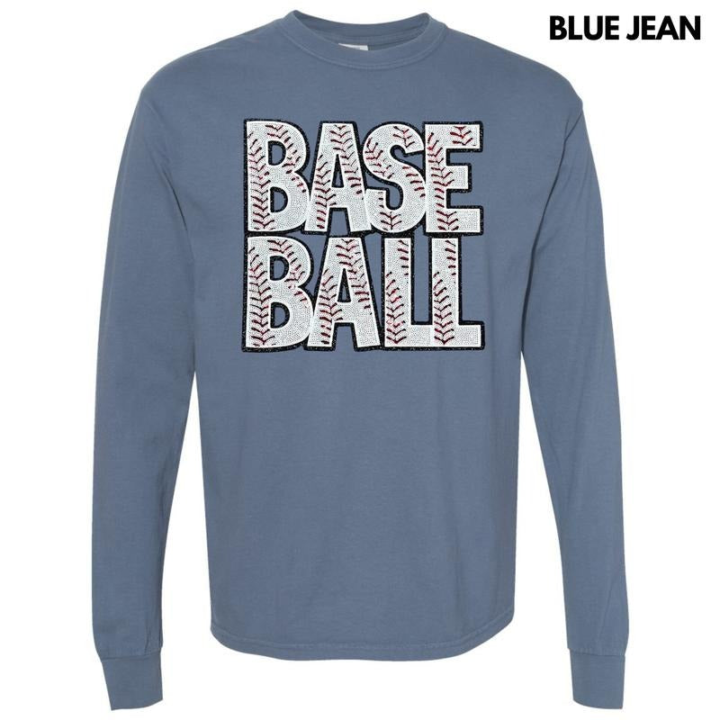 Baseball Words Sequin Patch Long Sleeve Comfort Colors T-Shirt Hoodie, Sweatshirt | InkThreadWorks.com