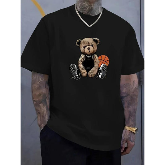 Basketball Bear Graphic Tee - Soft, Breathable, Lightweight Crew Neck Short Sleeve T-Shirt for Men - Perfect Casual Comfy Summer Top with Fun Print Design Made in USA