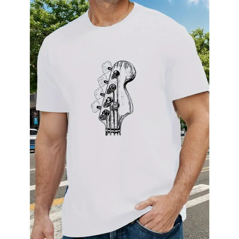 Bass Guitar Neck Print Tee Shirt, Tees For Men, Casual Short Sleeve T-shirt For Summer Made in USA Hoodie, Sweatshirt