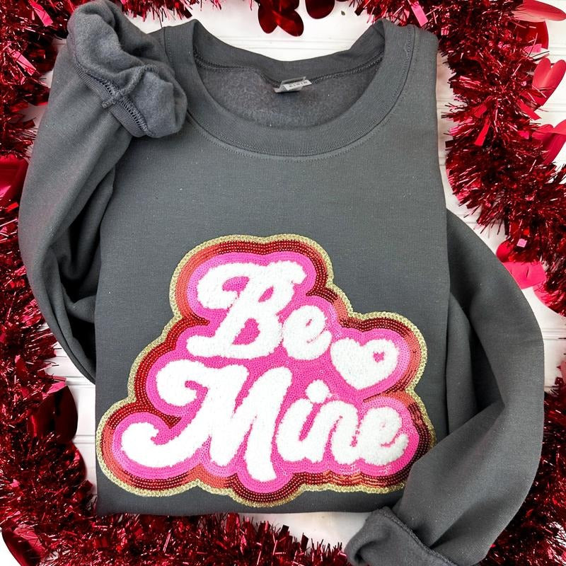 Be Mine Chenille + Sequin Patch Sweatshirt -- CHARCOAL T-Shirts, Hoodie | InkThreadWorks.com
