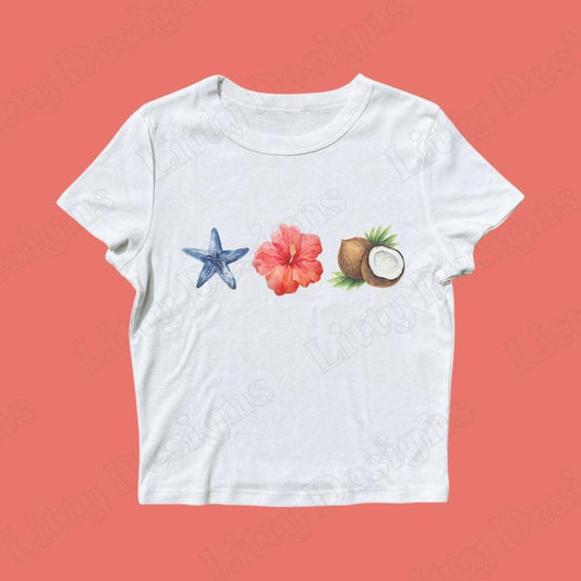 Beach Baby Tee, White Cropped Spring Top, Floral Casual Graphic Tshirt for Summer, Coconut Girl Aesthetic Hawaii Crop Top