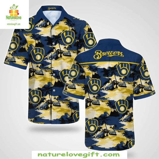Milwaukee Brewers Hawaiian Shirt Beachside Baseball Sunset Palm Apparel
