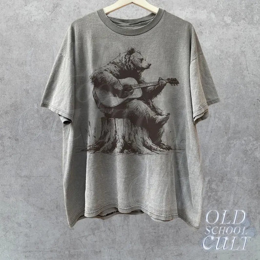 Bear Playing Guitar Retro Shirt, Vintage Funny Animal Shirt, Music Shirt, Bear Lovers Gift, Mens Oversized Cotton...