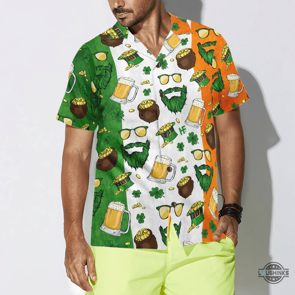 Beard Saint Patricks Day Seamless Pattern Hawaiian Shirt Aloha Summer Beach Button Up Shirts And Shorts NEW