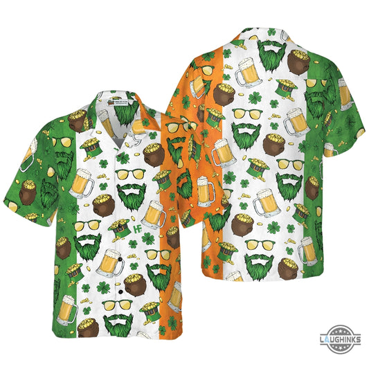 Beard Saint Patricks Day Seamless Pattern Hawaiian Shirt Aloha Summer Beach Button Up Shirts And Shorts NEW