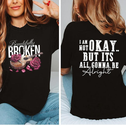 Beautifully Broken, Im Not Okay Tee Pure Cotton Casual Street Style Crew Neck Short Sleeve T-Shirt Tops Trendy For Women...
