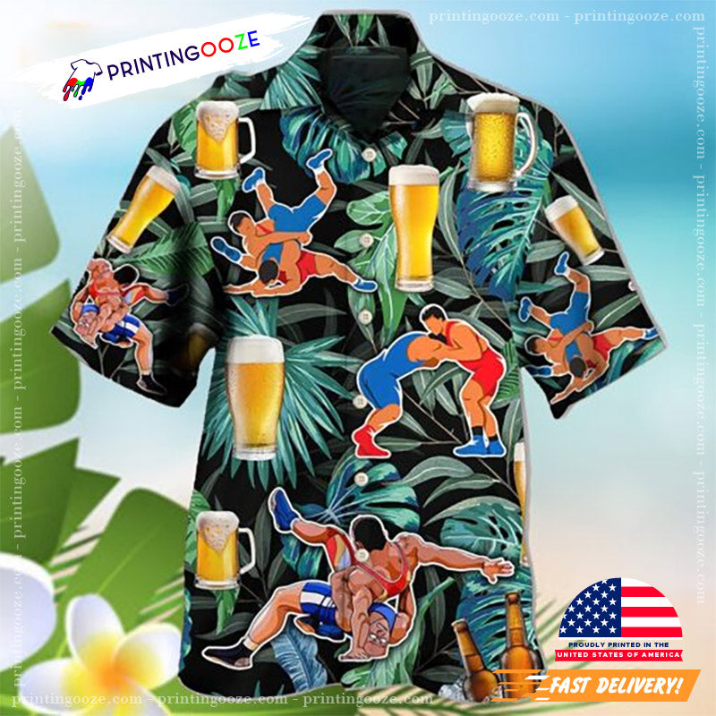 Beer And Wrestling Tropical Pattern Hawaiian Shirt