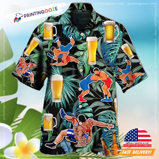 Beer And Wrestling Tropical Pattern Hawaiian Shirt