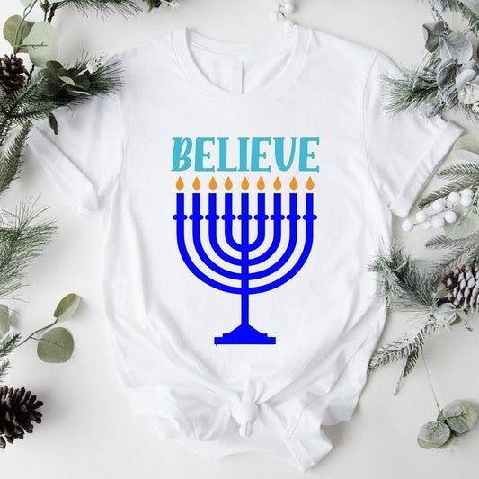 Believe Shirt, Hanukkah T-shirt, Religious Tee, Jewish Friend Gift Tee, Candle Lights Short Sleeve, Jewish Festival...