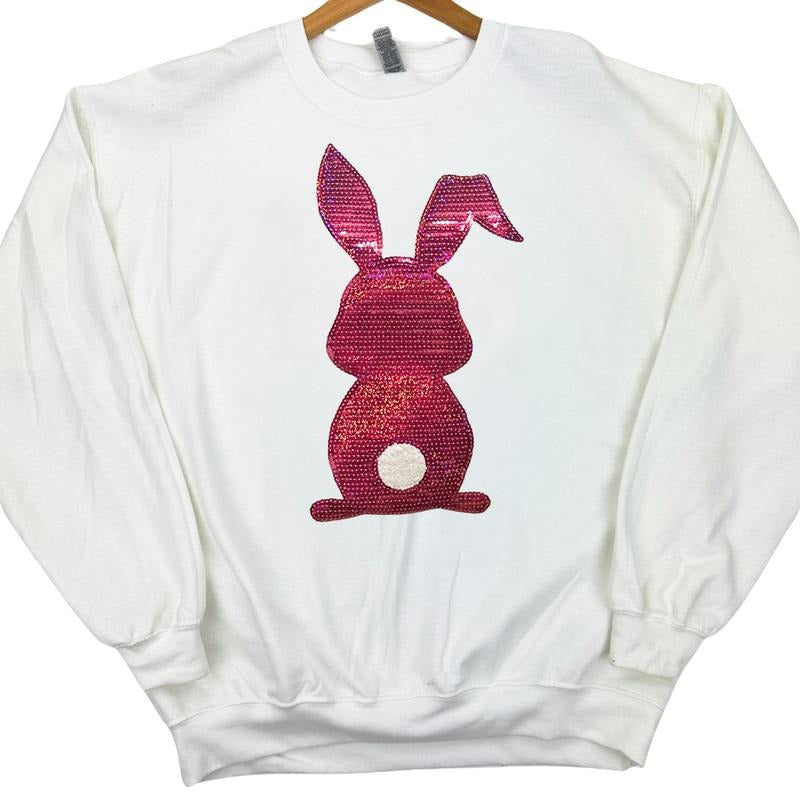 Berry Bunny Sequin Patch Sweatshirt -- WHITE T-Shirts, Hoodie | InkThreadWorks.com