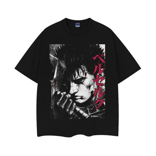 Berserk "Black Swordsman Guts" Heavyweight Vintage Tee 100% Cotton OVERSIZED Anime T-shirt Menswear Top Crew Necks Tshirt Casual Streetwear Crewneck Tropical Shortsleeve Baggy Loose