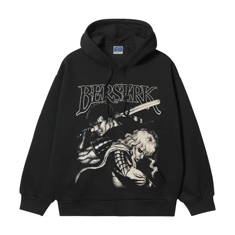 Berserk "Fated Duel" Heavyweight Vintage Hoodie Cotton Blend Classic Anime Sweatshirt Menswear Tops Pullover Long Sleeve Casual Biker Black Wetsuit Baggy
