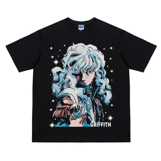 Berserk "Griffith" Heavyweight Vintage Tee 100% Cotton OVERSIZED Anime T-shirt Menswear Top Crew Necks Tshirt Casual Streetwear Black Crewneck