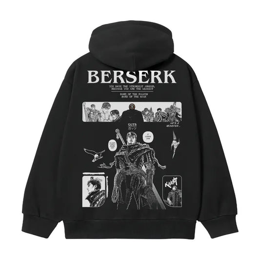 Berserk "Guts' Will" Heavyweight Vintage Hoodie Cotton Blend Classic Anime Sweatshirt Menswear Tops Pullover Long Sleeve Casual Biker Black Print