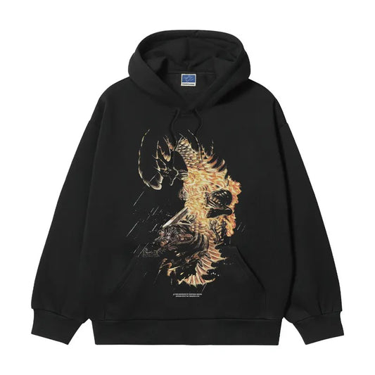 Berserk "Guts vs. Mozgus" Heavyweight Vintage Hoodie Cotton Blend Classic Anime Sweatshirt Menswear Tops Pullover Long Sleeve Casual Biker Black Animal Oversize Oversized Baggy Crewneck