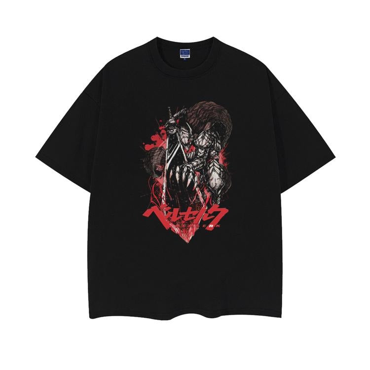 Berserk "Rage" Heavyweight Vintage Tee 100% Cotton OVERSIZED Anime T-shirt Menswear Top Crew Necks Overshirt Casual Streetwear Black Baggy Tshirt Tropical
