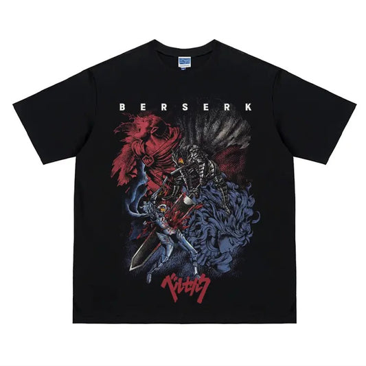 Berserk "The Duel" Heavyweight Vintage Tee 100% Cotton OVERSIZED Anime T-shirt Menswear Top Crew Necks Tshirt Casual Streetwear Black Crewneck Tropical Shortsleeve