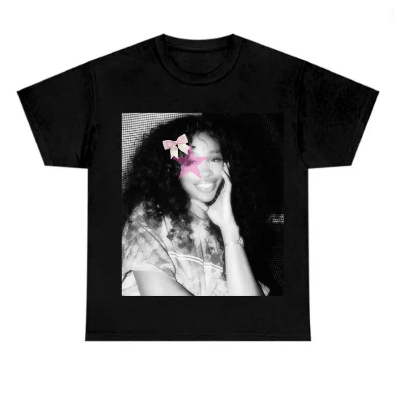 Big Face Pink Star SZA Black Shirt Cotton Fabric Hoodie, Sweatshirt | InkThreadWorks.com
